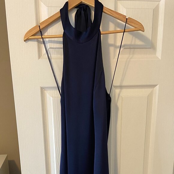 Alice + Olivia LIKE NEW Regina Satin Tieneck Halter Dress in Navy Blue - Picture 5 of 12